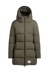 Tmavě zelená péřová bunda s vysokým límcem, zipovým zapínáním, velkými prošívanými sekcemi a logem na spodním lemu. S kapucí.