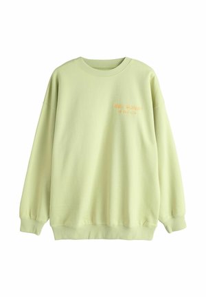 Hellgrünes Sweatshirt mit Rundhalsausschnitt, langen Ärmeln und kleinem orangen Text "THE SONGS OFF THE SEA" auf der linken Brust.