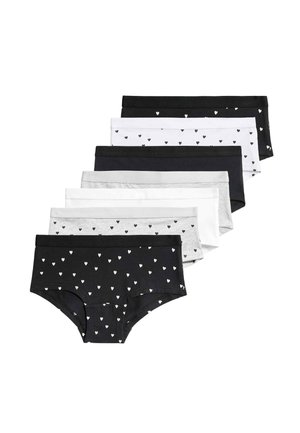 Zestaw siedmiu majtek typu boyshort w różnych kolorach: czarnym, szarym i białym, z drobnymi wzorami serc. Wykonane z miękkiej bawełny z elastycznymi paskami w talii.