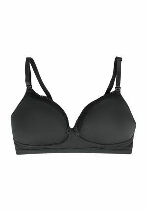Reggiseno nero con coppe triangolari imbottite, bordo in pizzo lungo il margine superiore, spalline regolabili e un piccolo fiocchetto al centro davanti.