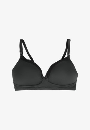Reggiseno nero con coppe triangolari imbottite, bordo in pizzo lungo il margine superiore, spalline regolabili e un piccolo fiocchetto al centro davanti.
