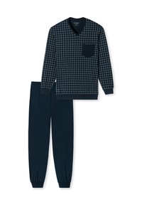 Completo da loungewear blu navy composto da una maglietta con scollatura a V e motivo a quadri, dotata di taschino sul petto, abbinata a pantaloni affusolati con polsini elasticizzati.