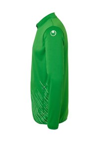 Grøn langærmet atletisk pullover med høj krave, der har en sidelomme med lynlås og diagonale hvide linjemønstre på den nederste front.