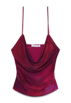 Camisole senza maniche tie-dye di colore rosso-rosa intenso, con spalline sottili, scollo a drappeggio e piccola etichetta Terranova taglia S all'interno del collo.