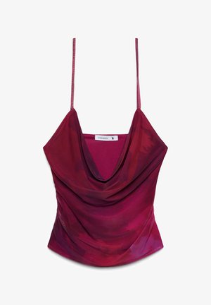 Camisole senza maniche tie-dye di colore rosso-rosa intenso, con spalline sottili, scollo a drappeggio e piccola etichetta Terranova taglia S all'interno del collo.