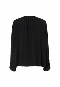 Blusa nera con vestibilità ampia, collo rotondo, maniche lunghe con dettagli arruffati e orlo curvo. Realizzata in tessuto morbido e leggero.