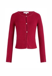 Cardigan rosso a coste con maniche lunghe, scollo rotondo e tre bottoni bianchi sul davanti. Realizzato in un tessuto lavorato a maglia.