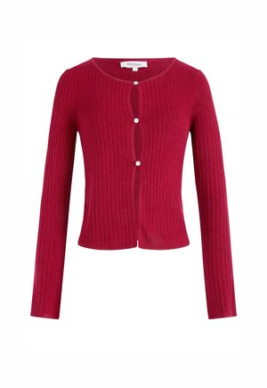 Red ribbed cardigan with long sleeves, round neckline, and three white buttons at the front. Made from a textured knit fabric.