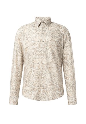 Beige overhemd met lange mouwen met een gedetailleerd paisley bloemmotief in lichtbruine en grijze tinten, knoopsluiting aan de voorkant en een klassieke kraag.