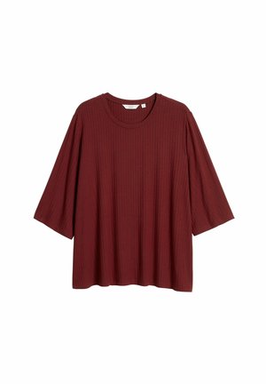 Burgunderfarbenes gestreiftes T-Shirt mit Rundhalsausschnitt, kurzen Ärmeln und lockerer Passform. Aus weichem, strukturiertem Stoff gefertigt. Keine sichtbaren Beschläge oder Akzente.