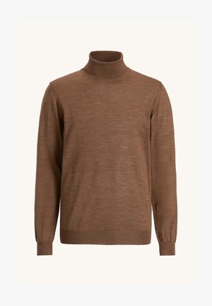 Brun turtleneck sweater med lange ærmer, lavet af et blødt materiale. Har en tætsiddende design og ribbet struktur ved kraven og manchetterne.
