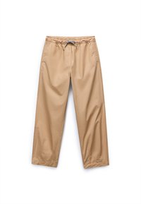 Beige, lette, avslappede bukser med elastisk midje og snor, med sidelommer og glatt, noe blank tekstur.