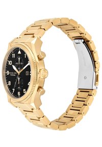 Gold-tone stainless steel watch with a black face. Features include large Arabic numerals, chronograph dials, and a linked bracelet design.