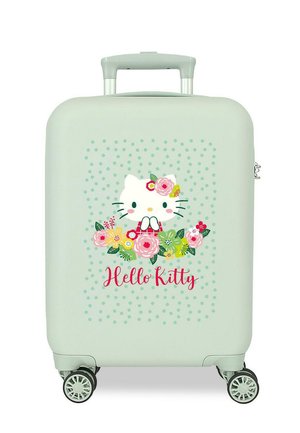 Maleta verde claro con cuatro ruedas, decorada con la cara de Hello Kitty, flores coloridas y el texto "Hello Kitty" debajo.