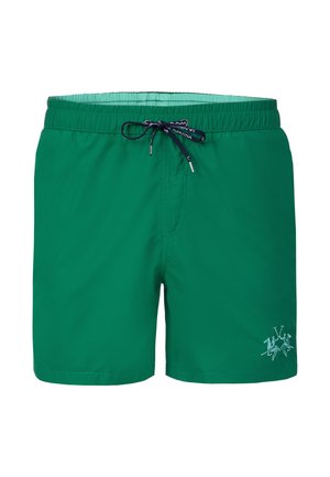 Grønne herre badebukser med elastisk talje, sort snøre og lille hvid polo spiller logo på venstre ben.