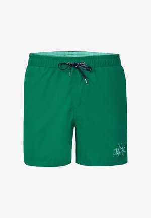 Grüne Herren-Badeshorts mit elastischem Bund, schwarzer Kordel und kleinem weißen Polo-Spieler-Logo am linken Bein.