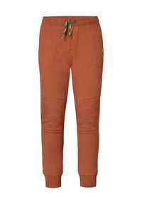 Roodachtige sweatpants gemaakt van zachte stof, met een geborsteld patroon op de knieën en een taille met een trekkoord met kleurrijke accenten.