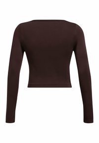 Dark brown, long-sleeve, fitted cropped top with a square neckline shown from the back on a white background.