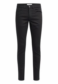 Vaqueros skinny negros de denim, con cierre de botón, cinco bolsillos y detalles de costura a lo largo de las costuras. Textura suave.