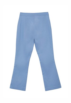 Pantaloni azzurri dalla texture liscia, con gambe svasate e pieghe frontali. Presentano una vita a mezza altezza e un design pulito e sartoriale.