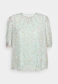 Jasnoniebieska bluzka z krótkimi bufiastymi rękawami, zdobiona kwiatowym wzorem w kolorze różowym i zielonym. Zapięcie na guziki z tyłu. Przejrzysty, lekki materiał.