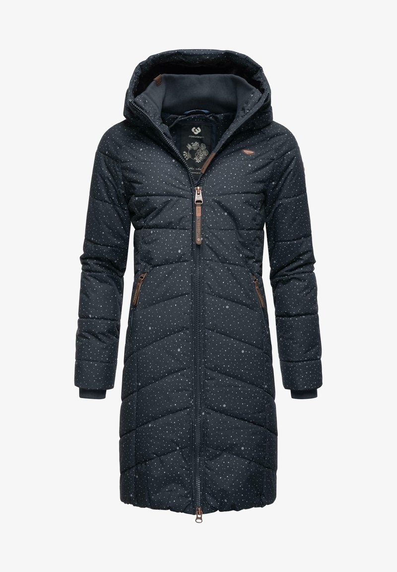 Sort quilted vinterjakke med hvide prikker, der har lynlåslukning, hætte og sidelommer. Struktureret stof med fremhævet hardware.