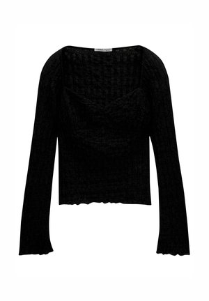 Zwarte lange mouwen top met een gestructureerd patroon, vierkante halslijn en geplooid voordetail. Heeft een cropped lengte en een gegolfde zoom.