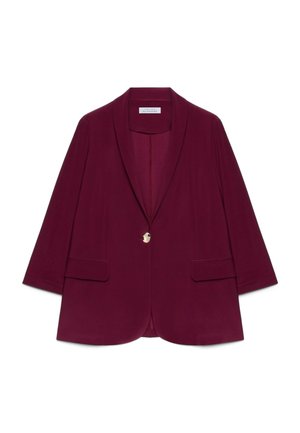 Blazer burgundy scuro da donna con collo a scialle, chiusura con un bottone dorato, tasche con patta e maniche a tre quarti.