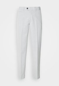 Pantalon formel gris clair avec fermeture à bouton et fermeture éclair, passants pour ceinture, et plis avant, présenté sur un fond blanc.