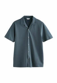 Korte mouwen donkergroene knoopshirt met camp collar, plat weergegeven op een witte achtergrond.