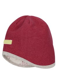 Beanie rosso in feltro con un morbido bordo grigio, dotato di foderatura interna con un design a motivi. L'etichetta sul lato riporta la scritta "proud."