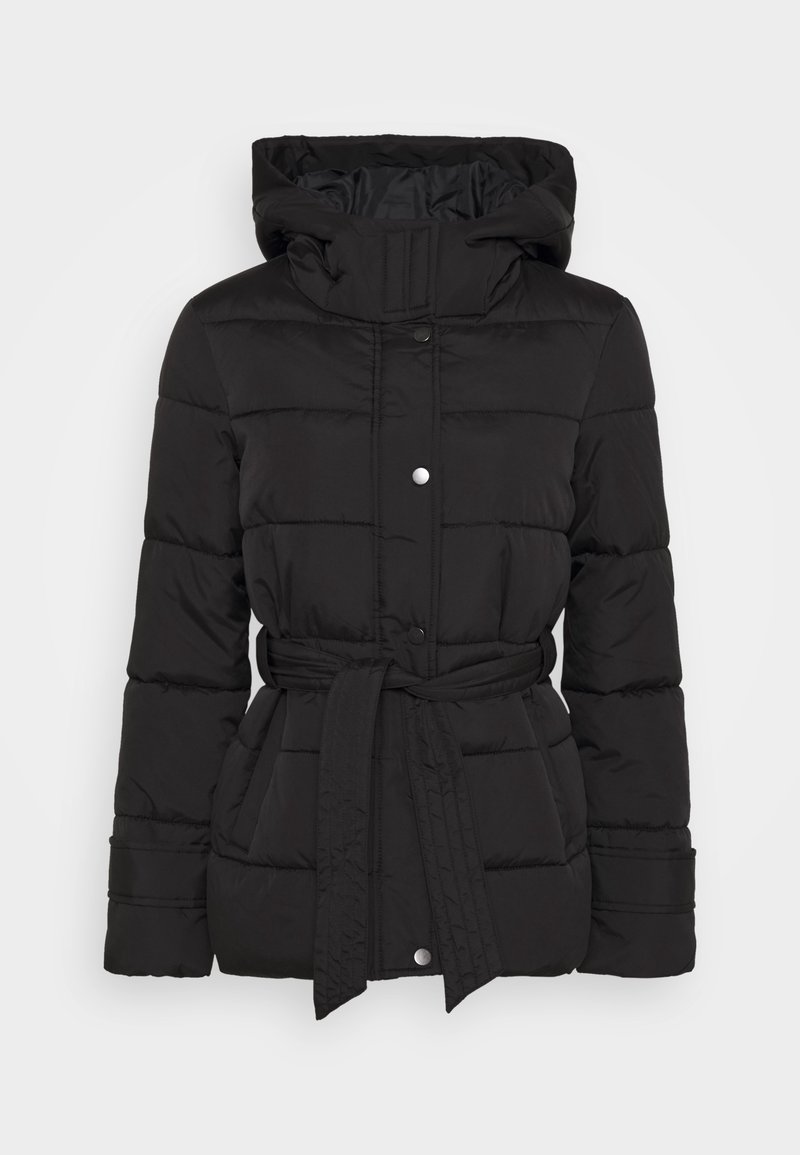 Doudoune noire avec capuche, taille ceinturée, boutons-pression, texture matelassée et manches longues. Doublure intérieure lisse.