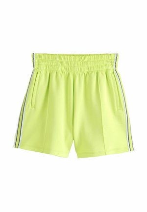 Kort elastisk neon gul taljeshorts med sidelommer og sort-hvid stribet kant langs siderne, lavet af glat stof.