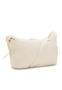 Beige crossbody bag made of smooth, lightweight fabric. Features a zip closure, adjustable strap, and cinched side details.