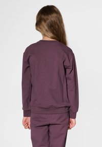 Lila Sweatshirt mit langen Ärmeln und gerippten Bündchen, mit einem Rundhalsausschnitt und lockerem Schnitt, von hinten gezeigt.