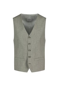 Grau gestreifter Weste mit V-Ausschnitt, vier Knöpfen und zwei Fronttaschen. Hergestellt aus einem Stoff mit glatter Textur und dezentem Glanz.