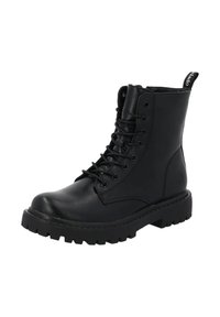 Stivale da combattimento nero in pelle con lacci, suola spessa con tacche e linguetta posteriore, mostrato di lato su sfondo bianco.