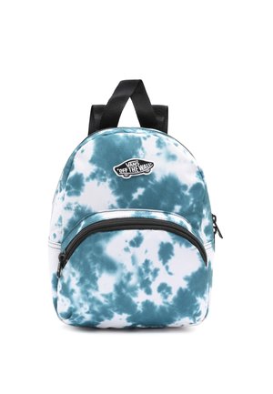 Small Vans-rugzak met een tie-dye patroon in teal en wit, een voorvak met rits, zwarte bandjes en het "Off The Wall"-logo aan de bovenkant voor.