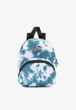 Sac à dos Small Vans avec motif tie-dye bleu sarcelle et blanc, poche avant zippée, bretelles noires et logo "Off The Wall" en haut à l'avant.