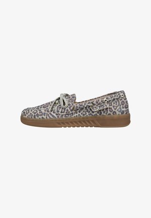 Low-profile loafer shoe with leopard print fabric upper, lace detail, metal eyelets, and brown textured rubber sole.