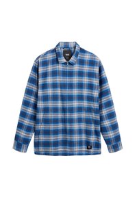 Veste zippée à carreaux bleu et gris avec col, manches longues et écusson logo Vans en bas à gauche devant.