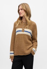 Bruine gebreide trui met een knoopsluiting op de kraag, voorzien van horizontale strepen in crème en blauw. Zachte textuur en een relaxte pasvorm.