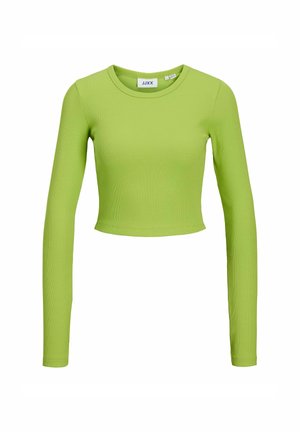 Crop top a maniche lunghe in tessuto a coste di un vivace verde lime. Presenta un collo rotondo e una silhouette aderente. Etichetta visibile all'interno del colletto.