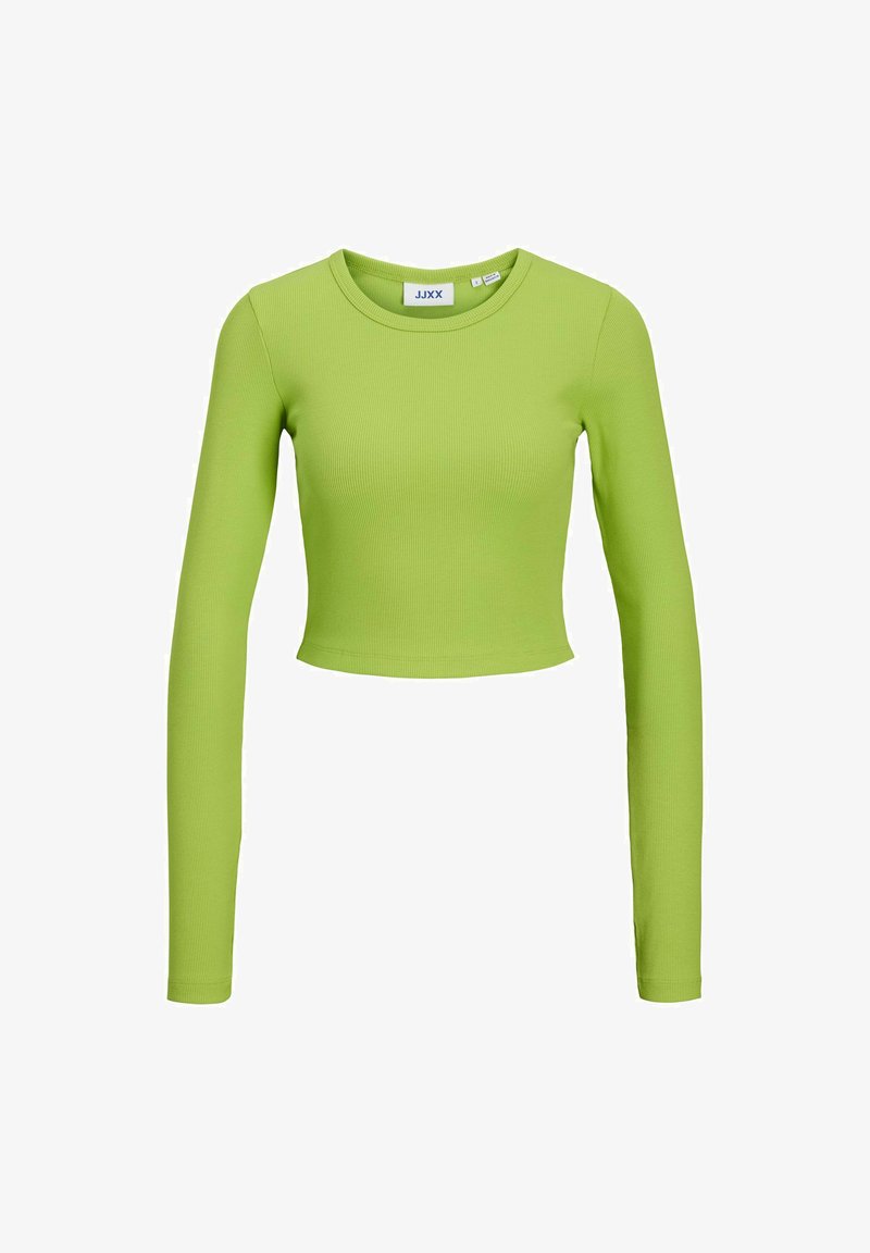 Top corto de manga larga en una vibrante tela de punto verde lima. Presenta un cuello redondo y una silueta ajustada. Etiqueta visible en el interior del cuello.