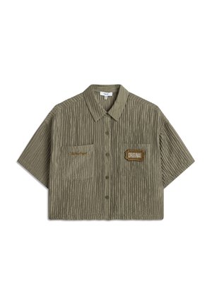 Korte mouwen, knoopsluiting overhemd in olijfgroen corduroy met gestructureerde strepen, twee voorzakken en geborduurde "ORIGINAL!" details.