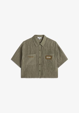 Korte mouwen, knoopsluiting overhemd in olijfgroen corduroy met gestructureerde strepen, twee voorzakken en geborduurde "ORIGINAL!" details.