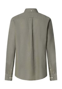 Chemise homme olive à manches longues avec poignets à boutons et pli d'aisance au dos, tissu uni, vue de dos.
