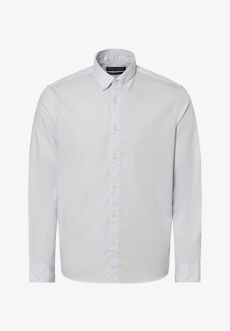 Lichtblauwe overhemd met lange mouwen van katoen, voorzien van een kraag, een knoopsluiting aan de voorkant en een klein geborduurd logo op de borst.