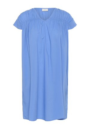 Hele sinine lühikeste varrukatega lahtine kleit ülakeha ja varrukate kokkupistetud detailidega, V-kaelusega.