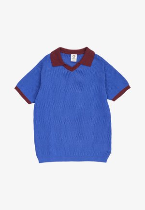 Short-sleeve blue knit polo shirt with maroon collar and sleeve cuffs, V-neck, and textured fabric pattern.